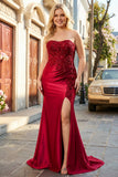 Dark Green Strapless Mermaid Sequin Long Plus Size Prom Dress with Slit