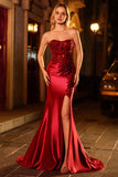 Burgundy Mermaid Strapless Sequin Long Ball Dress with Beading