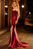Burgundy Mermaid Strapless Sequin Long Ball Dress with Beading