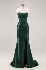 Strapless Mermaid Dark Green Sequin Prom Dress with Slit