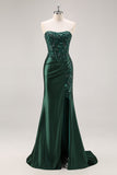 Sparkly Blue Mermaid Corset Satin Long Prom Dress with Slit