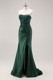 Sparkly Blue Mermaid Corset Satin Long Prom Dress with Slit