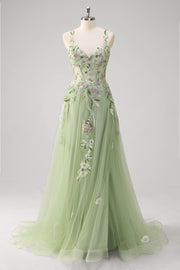 Green A line Spaghetti Straps Appliqued Corset Long Prom Dress With Tulle