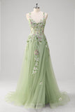 Green A line Spaghetti Straps Appliqued Corset Long Prom Dress With Tulle