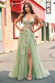 Green A Line Tulle Sequin Applique Corset Long Prom Dress with Slit