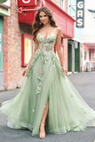 Green A Line Tulle Sequin Applique Corset Long Prom Dress with Slit