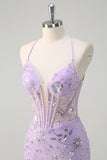 Sparkly Lilac Mermaid Sheer Corset Sequin Prom Dress with Lace Up Back