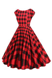 Red and Black Plaid A-Line V-Neck 1950s Dress