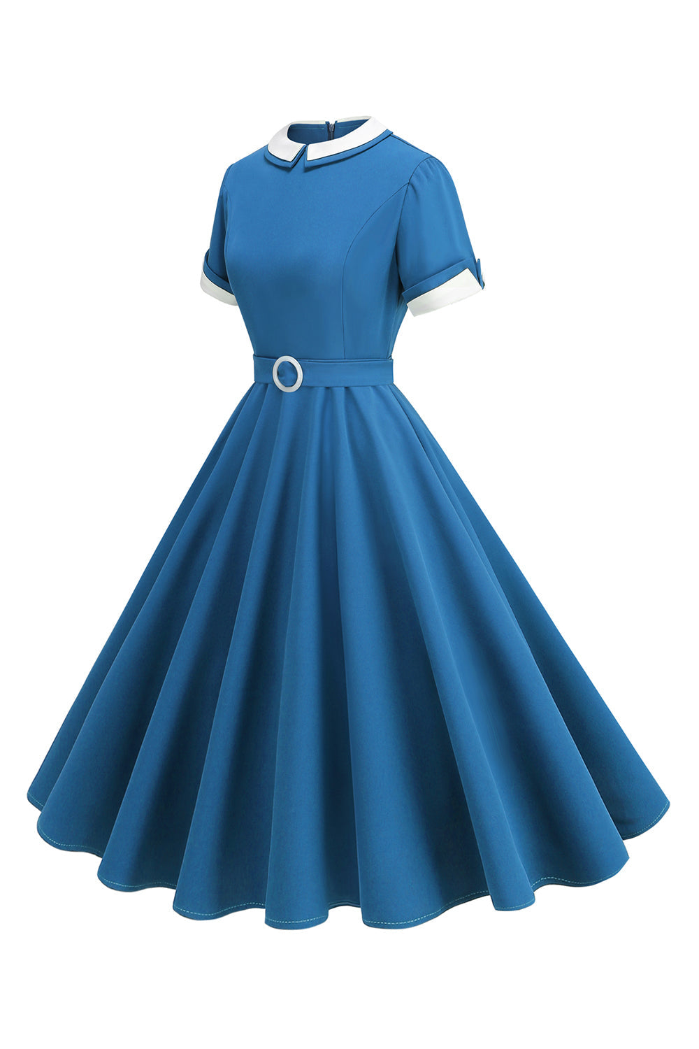 Zapaka Women Blue Round Neck A-Line 1950s Dress Short Sleeves Midi Vintage Dress ZAPAKA NZ Zapaka Women Blue Round Neck A-Line 1950s Dress Short Sleeves Midi Vintage Dress ZAPAKA NZ