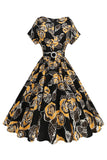 Black Rose Printed A-Line Boat Neck Midi 1950s Dress