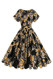 Black Rose Printed A-Line Boat Neck Midi 1950s Dress