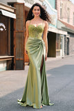 Sparkly Mermaid Army Green Corset Lace Up Back Long Ball Dress with Slit