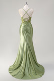 Sparkly Mermaid Army Green Corset Lace Up Back Long Ball Dress with Slit