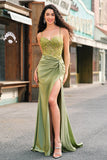 Sparkly Mermaid Army Green Corset Lace Up Back Long Ball Dress with Slit