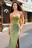 Sparkly Mermaid Army Green Corset Lace Up Back Long Ball Dress with Slit