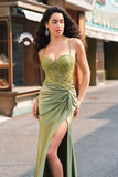 Sparkly Mermaid Army Green Corset Lace Up Back Long Ball Dress with Slit