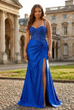 Royal Blue Mermaid Spaghetti Straps Corset Plus Size Prom Dress with Slit