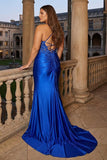Royal Blue Mermaid Spaghetti Straps Corset Plus Size Prom Dress with Slit