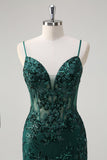 Sparkly Dark Green Mermaid Spaghetti Straps Corset Sequined Embroidery Tulle Long Prom Dress