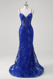 Sparkly Mermaid Royal Blue Spaghetti Straps Corset Sequin Long Ball Dress with Embroidery