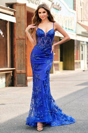 Sparkly Mermaid Royal Blue Spaghetti Straps Corset Sequin Long Ball Dress with Embroidery