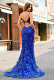 Sparkly Mermaid Royal Blue Spaghetti Straps Corset Sequin Long Ball Dress with Embroidery