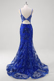 Sparkly Mermaid Royal Blue Spaghetti Straps Corset Sequin Long Ball Dress with Embroidery