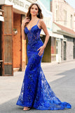 Sparkly Mermaid Royal Blue Spaghetti Straps Corset Sequin Long Ball Dress with Embroidery