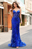 Sparkly Mermaid Royal Blue Spaghetti Straps Corset Sequin Long Ball Dress with Embroidery