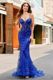 Sparkly Mermaid Royal Blue Spaghetti Straps Corset Sequin Long Ball Dress with Embroidery