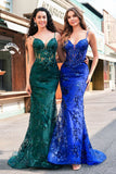 Sparkly Mermaid Royal Blue Spaghetti Straps Corset Sequin Long Ball Dress with Embroidery