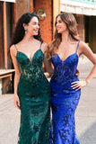 Sparkly Mermaid Royal Blue Spaghetti Straps Corset Sequin Long Ball Dress with Embroidery