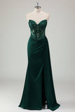 Sparkly Dark Green Mermaid Sweetheart Corset Long Prom Dress With Slit