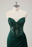 Sparkly Dark Green Mermaid Sweetheart Corset Long Prom Dress With Slit