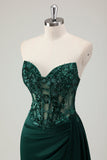 Sparkly Dark Green Mermaid Sweetheart Corset Long Prom Dress With Slit