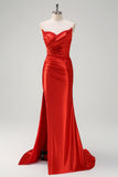 Red Mermaid Satin Strapless Pleated Sequin Long Prom Dress with Slit