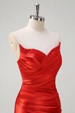 Red Mermaid Satin Strapless Pleated Sequin Long Prom Dress with Slit