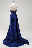 Navy Mermaid V-Neck Watteau Train Corset Beaded Prom Dress with Slit