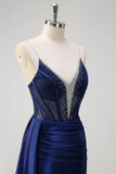 Navy Mermaid V-Neck Watteau Train Corset Beaded Prom Dress with Slit