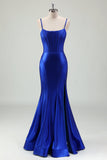 Royal Blue Mermaid Spaghetti Straps Corset Satin Long Prom Dress with Slit