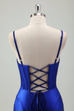 Royal Blue Mermaid Spaghetti Straps Corset Satin Long Prom Dress with Slit