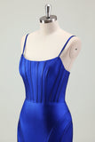 Royal Blue Mermaid Spaghetti Straps Corset Satin Long Prom Dress with Slit