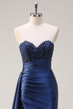 Navy Mermaid Strapless Side Streamer Ruched Corset Long Prom Dress With Slit