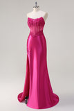 Sparkly Fuchsia Mermaid Strapless Corset Appliques Long Prom Dress with Slit