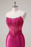 Sparkly Fuchsia Mermaid Strapless Corset Appliques Long Prom Dress with Slit