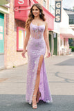 Lilac Mermaid Spaghetti Straps Corset Sequin Ball Dress with Slit