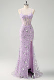 Lilac Mermaid Spaghetti Straps Corset Sequin Ball Dress with Slit