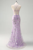 Lilac Mermaid Spaghetti Straps Corset Sequin Ball Dress with Slit