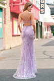 Lilac Mermaid Spaghetti Straps Corset Sequin Ball Dress with Slit