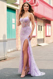 Lilac Mermaid Spaghetti Straps Corset Sequin Ball Dress with Slit